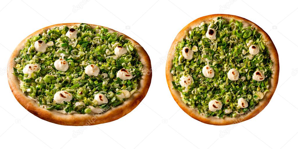 Pizza leek and cream cheese on white background. Top view, close up. Traditional Brazilian Pizza.