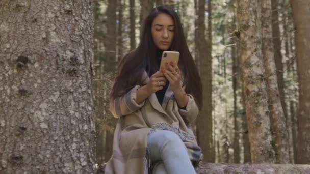 Красива жінка використовує телефон в лісі, сидячи на дерев'яному колоді — стокове відео