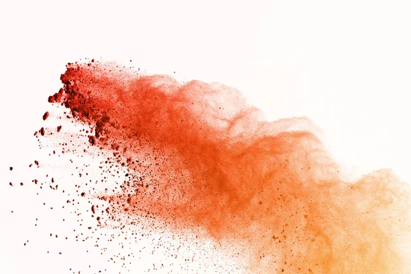 橙色粉体爆炸的冻结运动背景 白色背景彩色粉尘炸药 — 图库照片