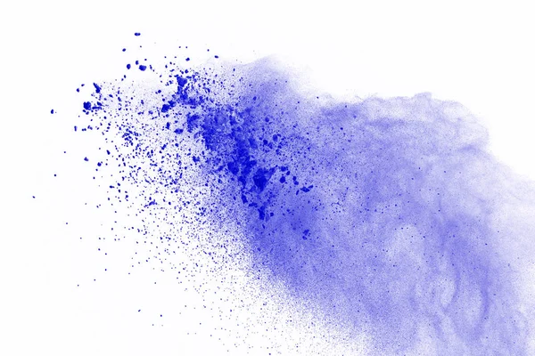 Blauwe Poeder Explosie Witte Achtergrond Gekleurde Stof Explosieve Isoleren Achtergrond — Stockfoto