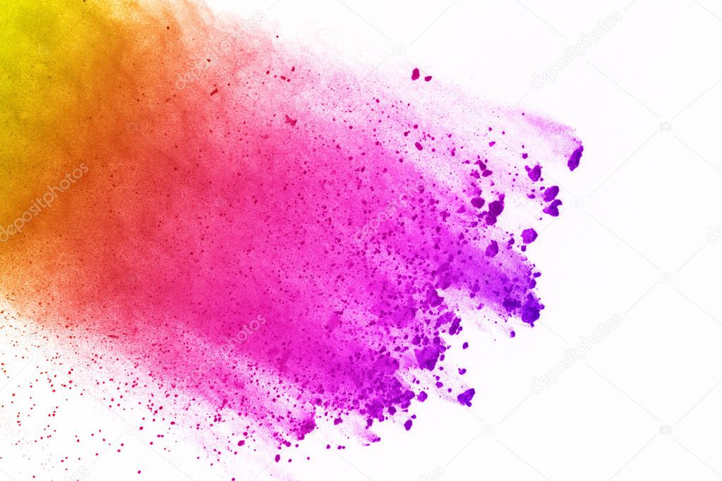 Colorful of powder explosion on white background. Colored dust explode on isolate background. Paint Holi. Colorful cloud splash.