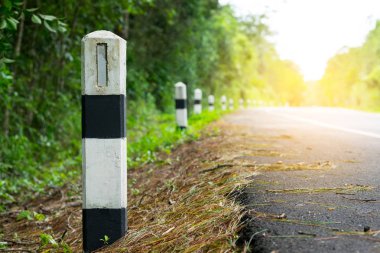 Siyah ve beyaz kilometre taşları yeşil çim yol kenarı, ağaçlar yol kenarı arka plan ile. bir sonraki adım için kavram. Bir sonraki istasyon.
