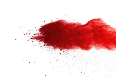 Soyut Beyaz zemin üzerine kırmızı toz patlaması. Renkli toz splatted izole et. Renkli bulut. Renkli toz patlayabilir. Boya Holi.