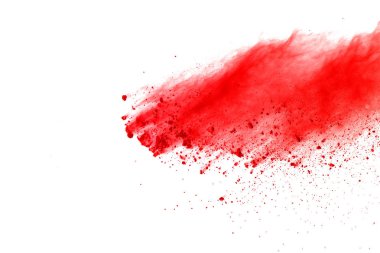 Soyut Beyaz zemin üzerine kırmızı toz patlaması. Renkli toz splatted izole et. Renkli bulut. Renkli toz patlayabilir. Boya Holi.