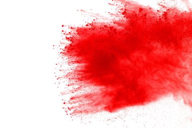 Soyut Beyaz zemin üzerine kırmızı toz patlaması. Renkli toz splatted izole et. Renkli bulut. Renkli toz patlayabilir. Boya Holi.