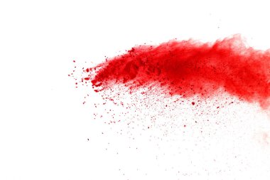 Soyut Beyaz zemin üzerine kırmızı toz patlaması. Renkli toz splatted izole et. Renkli bulut. Renkli toz patlayabilir. Boya Holi.