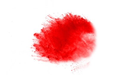 Soyut Beyaz zemin üzerine kırmızı toz patlaması. Renkli toz splatted izole et. Renkli bulut. Renkli toz patlayabilir. Boya Holi.