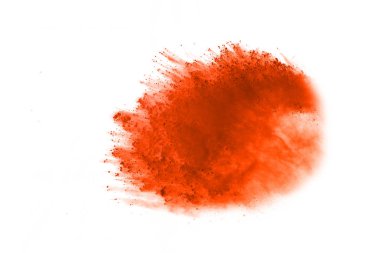 Soyut Beyaz arka plan üzerinde renkli toz patlaması. Sarı tozu splatted izole et. Turuncu bulut. Renkli toz patlayabilir. Boya Holi.;