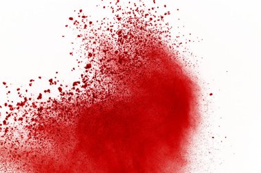 Beyaz zemin üzerine kırmızı toz soyut patlama. beyaz zemin üzerine kırmızı toz splatted abstract, kırmızı toz patlayan hareket dondurmak.