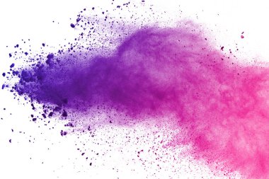 Beyaz arka plan üzerinde renkli toz patlama. Çok renkli toz splatted izole et. Renkli bulut. Renkli toz patlayabilir. Boya Holi.