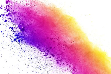 Soyut Beyaz arka plan üzerinde renkli toz patlaması. Çok renkli toz splatted izole et. Renkli bulut. Renkli toz patlayabilir. Boya Holi.