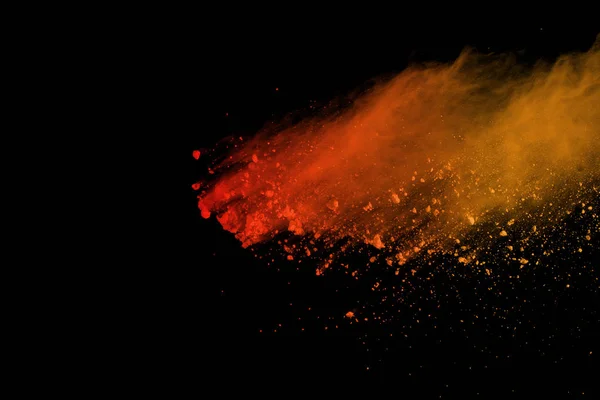 Oranžový Prášek Exploze Izolované Černém Pozadí Zmrazit Pohyb Barevný Prach — Stock fotografie