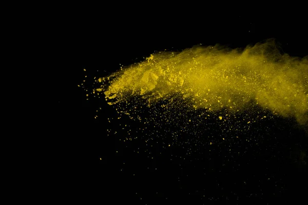 Αφηρημένο Κίτρινη Σκόνη Έκρηξης Μαύρο Φόντο Κίτρινη Σκόνη Συντριφθούν Απομόνωση — Φωτογραφία Αρχείου