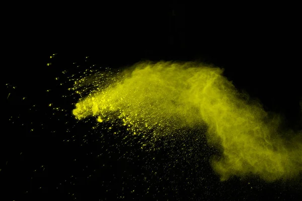 Soyut Siyah Zemin Üzerine Sarı Toz Patlaması Sarı Tozu Splatted — Stok fotoğraf
