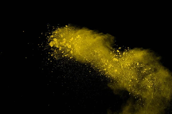 Resumen Explosión Polvo Amarillo Sobre Fondo Negro Aislamiento Salpicado Polvo — Foto de Stock