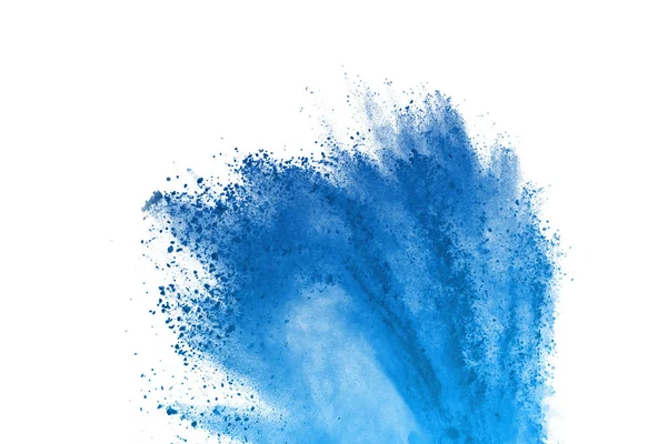 Blauwe Poeder Explosie Witte Achtergrond Gekleurde Wolk Kleur Stof Exploderen — Stockfoto