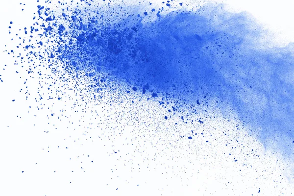 Blauwe Poeder Explosie Witte Achtergrond Gekleurde Wolk Kleur Stof Exploderen — Stockfoto