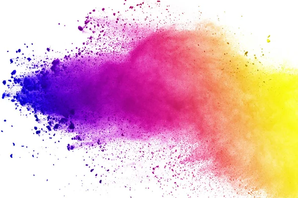 Soyut Beyaz arka plan üzerinde renkli toz patlaması. Çok renkli toz splatted izole et. Renkli bulut. Renkli toz patlayabilir. Boya Holi.