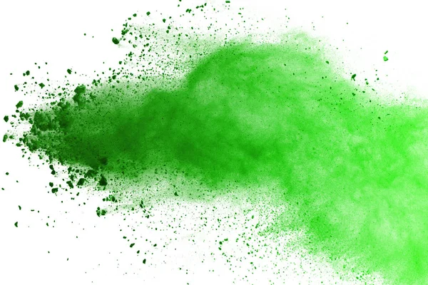 Πάγωμα Κίνησης Της Πράσινης Σκόνης Που Εκρήγνυται Λευκό Φόντο — Φωτογραφία Αρχείου