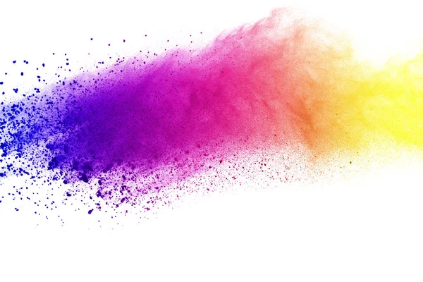 Soyut Beyaz arka plan üzerinde renkli toz patlaması. Çok renkli toz splatted izole et. Renkli bulut. Renkli toz patlayabilir. Boya Holi.