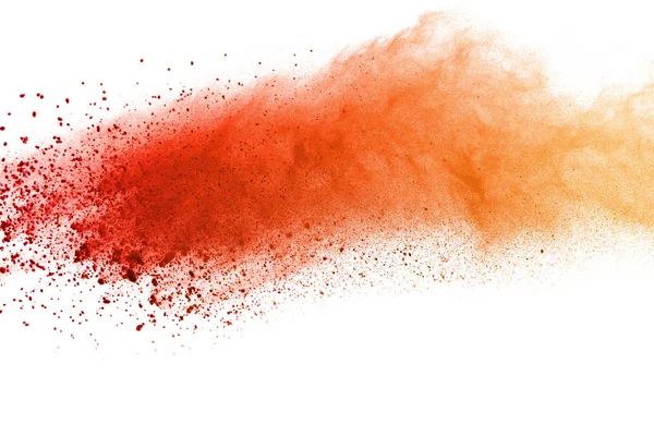 Astratto Esplosione Polvere Colorata Sfondo Bianco Polvere Arancione Isolata Splattata — Foto Stock