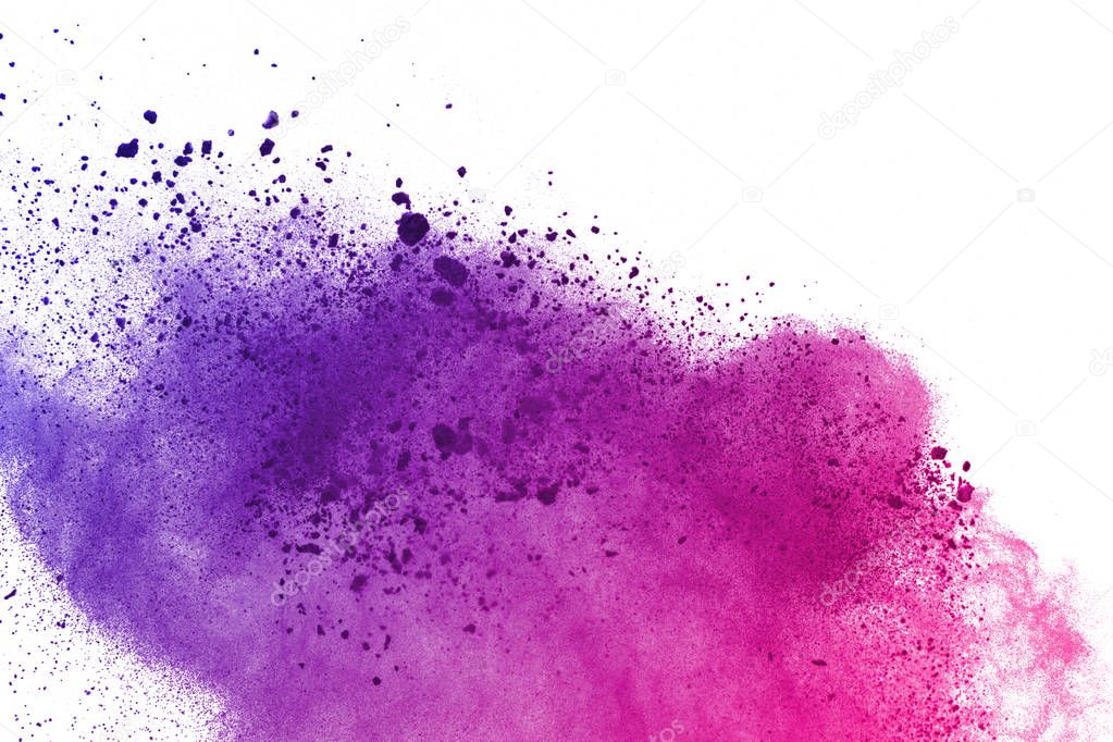 colored powder explosion on white background. Multicolor powder splatted isolate. Colorful cloud. Colored dust explode. Paint Holi.