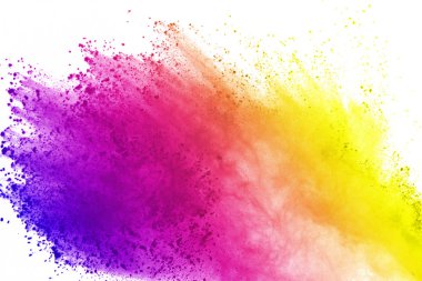 Soyut Beyaz arka plan üzerinde renkli toz patlaması. Çok renkli toz splatted izole et. Renkli bulut. Renkli toz patlayabilir. Boya Holi.