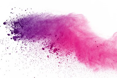 Beyaz arka plan üzerinde renkli toz patlama. Çok renkli toz splatted izole et. Renkli bulut. Renkli toz patlayabilir. Boya Holi.