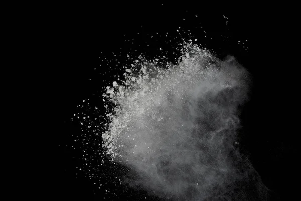 Explosión Polvo Blanco Aislado Sobre Fondo Negro Polvo Color Salpicado — Foto de Stock