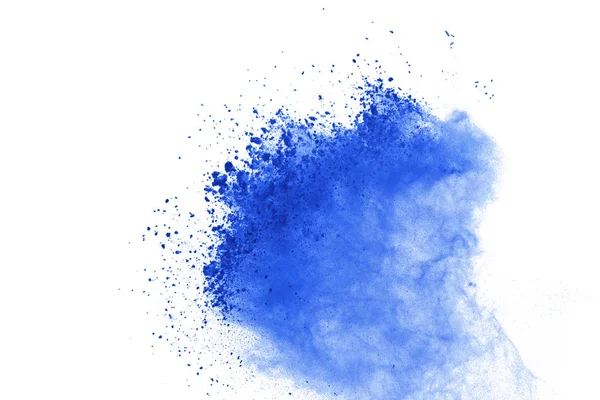 Blauwe Poeder Explosie Witte Achtergrond Gekleurde Wolk Kleur Stof Exploderen — Stockfoto