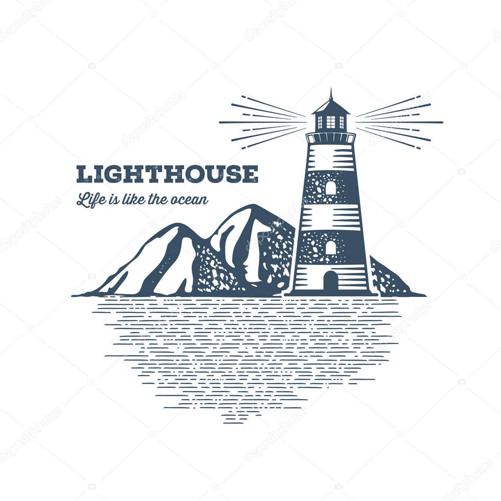 Lighthouse Design Element in Vintage Style for Logo or Badge Retro. Vector illustration.