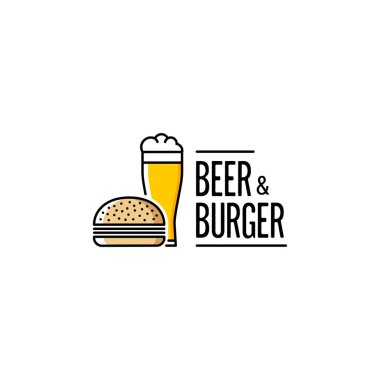 Bira ve Burger anahat sarı. Vektör çizim