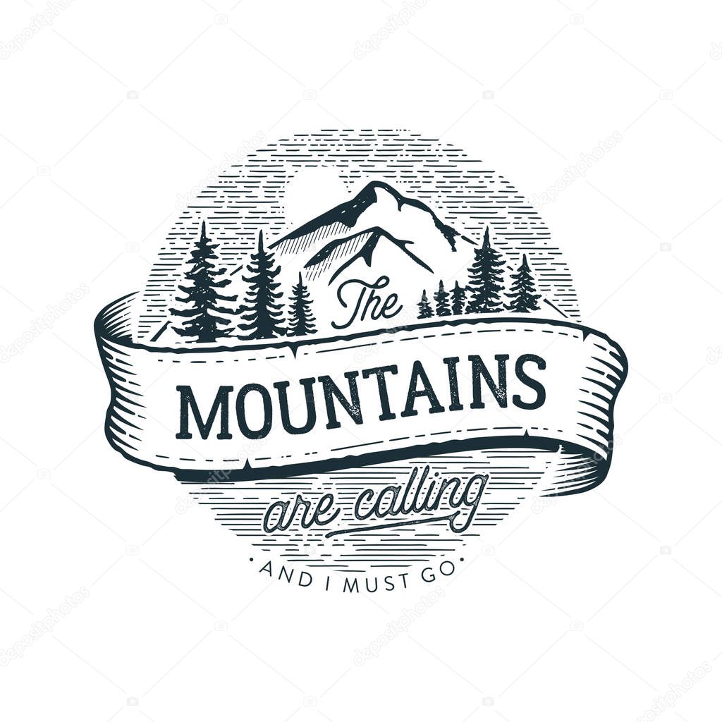 The Mountains are calling circle Vector illustration.