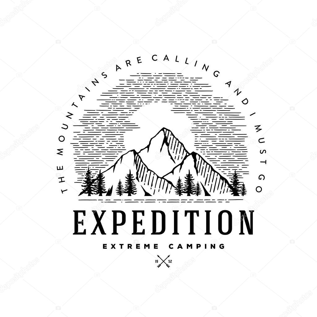 Expedition extreme camping circle white Vector illustration