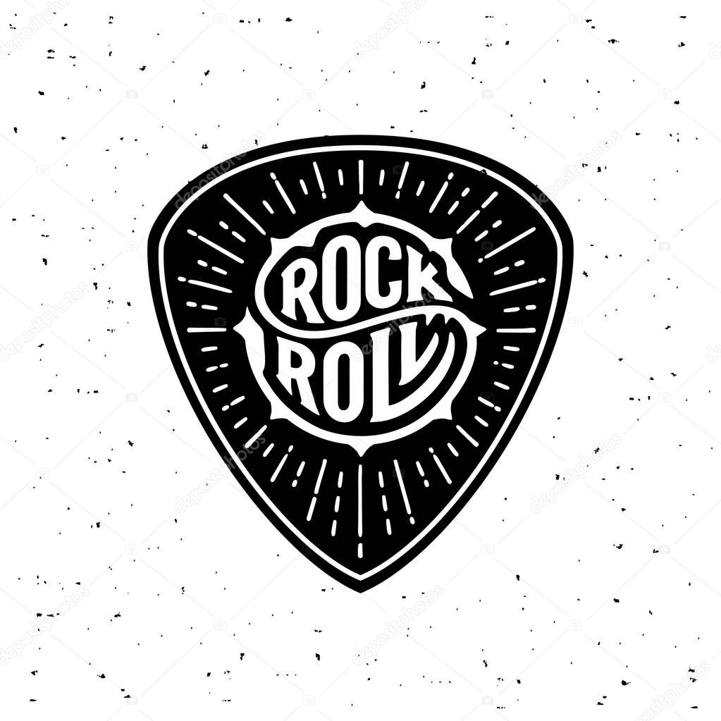 Rock and Roll sign. Slogan graphic for t shirt. Poster with plectrum, starburst. Vector illustration