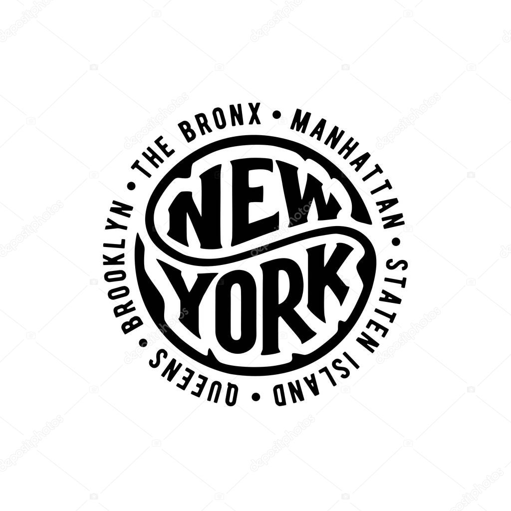 Vintage hipster frame with lettering New York, Brooklyn, Manhattan, Queens, Bronx, Staten Island for your poster, badge, t-shirt apparel print. Handwritten circular calligraphy lettering.
