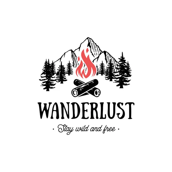 Wanderlust emblema retângulo com fogo vermelho Vector ilustração — Vetor de Stock