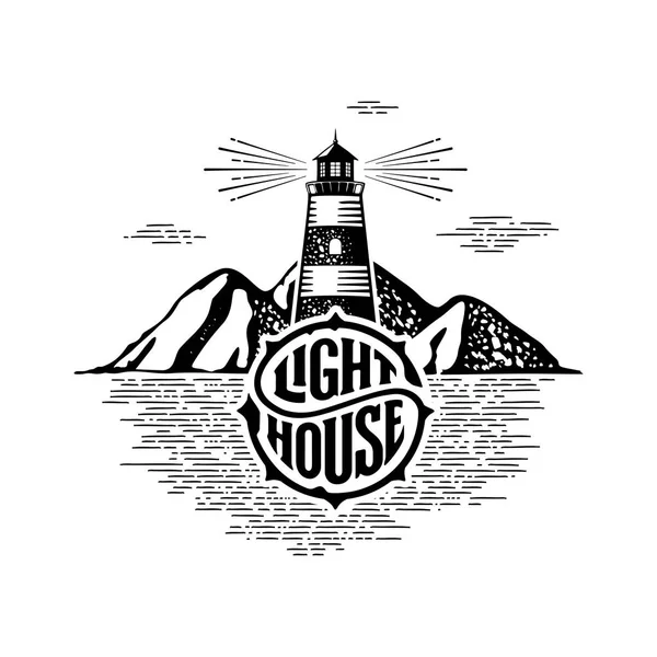 Lighthouse circle lettering mountains white Vector illustration — Stock Vector
