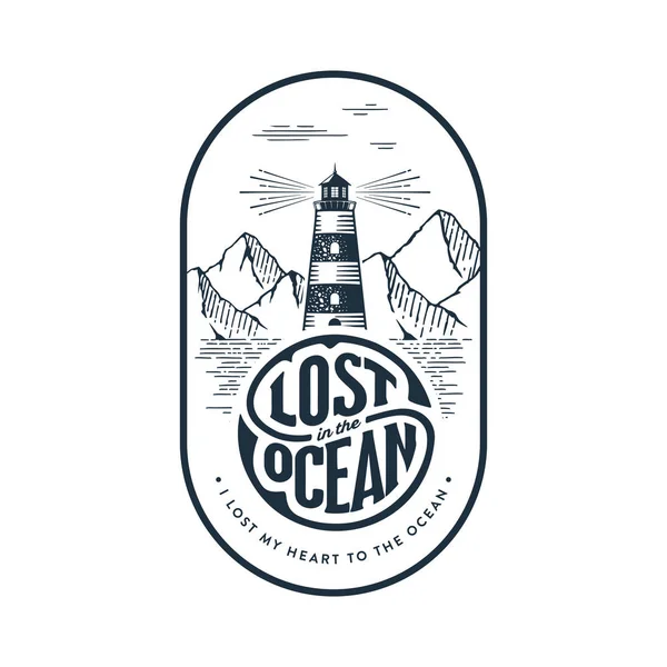 Lost Ocean Lighthouse oval white Vector illustration. — Stock Vector