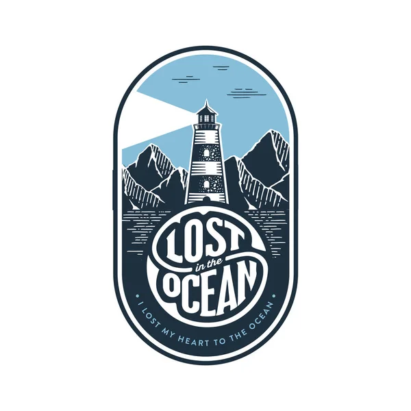 Lost Ocean Lighthouse oval white Vector illustration. — Stock Vector