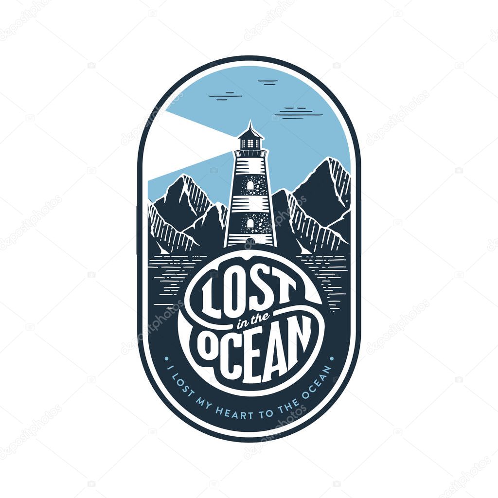 Lost Ocean Lighthouse oval white Vector illustration.