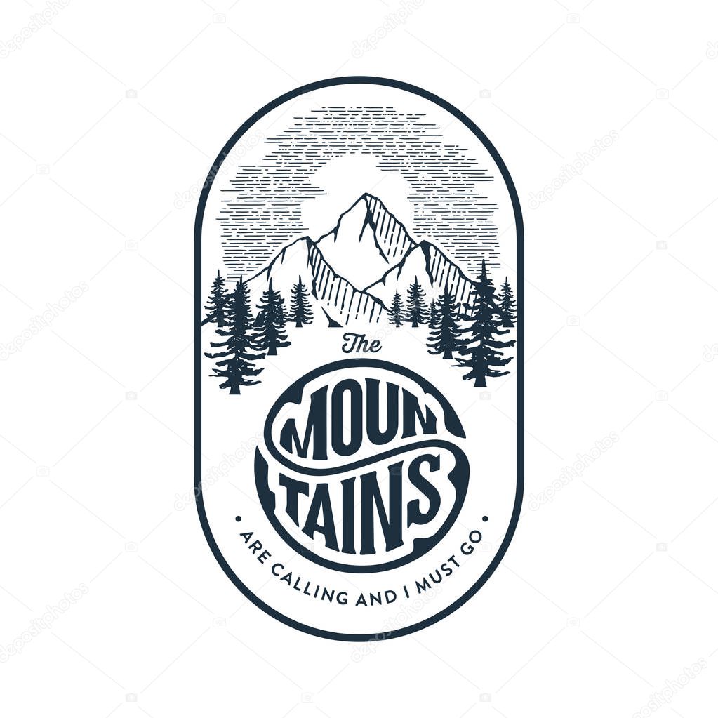 Mountains are calling oval white Vector illustration