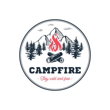 Campfire stay wild circle white Vector illustration.