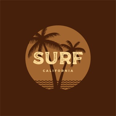 Surf California Sunset Kahverengi Amblem Vektör İllüstrasyon