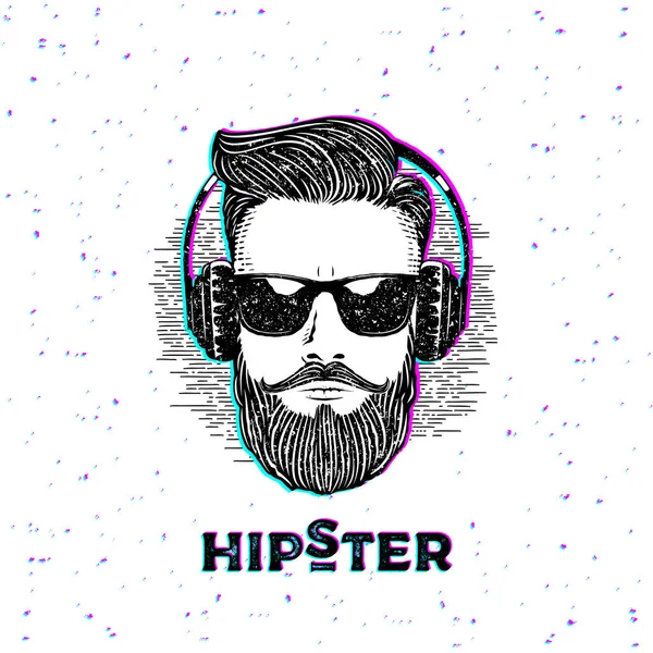 Hipster Beardman Anaglyph Grunge White Vector Illustrazione — Vettoriale Stock