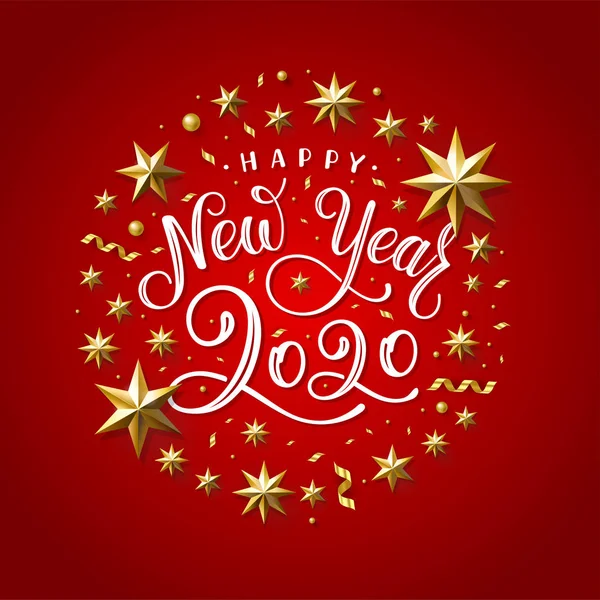 Feliz Año Nuevo 2020 Golden Star Red Vector Illustration — Vector de stock