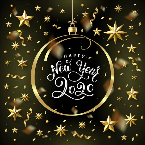 Feliz Año Nuevo Golden Ball Star Confetti Negro — Vector de stock