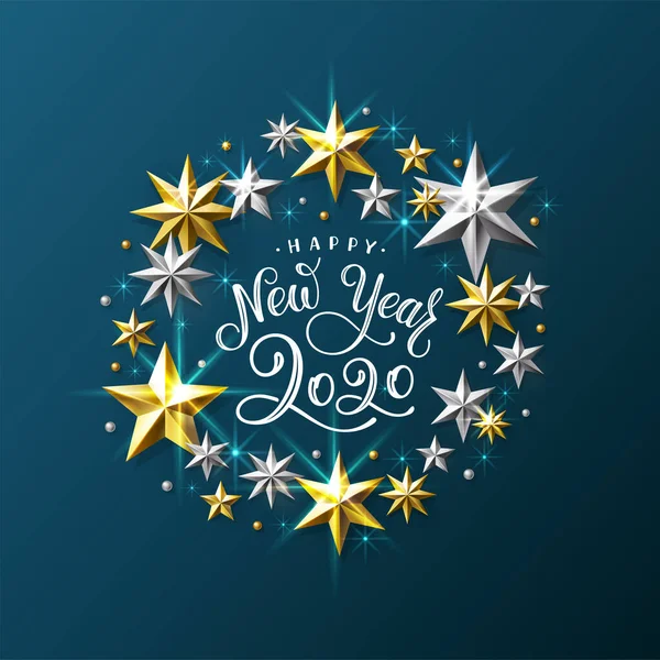 Feliz Año Nuevo Estrella de Oro de Plata en Vector Azul Ilustración — Vector de stock