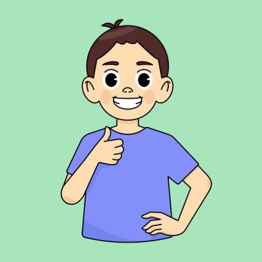 Çocuk gülümsüyor ve onaylayarak parmağını kaldırıyor ve iyi bir şey öneriyor.