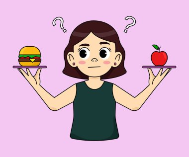 Eşofman giymiş, hamburgerli ve elmalı şüpheli bir kız. Beslenme ve spor konsepti